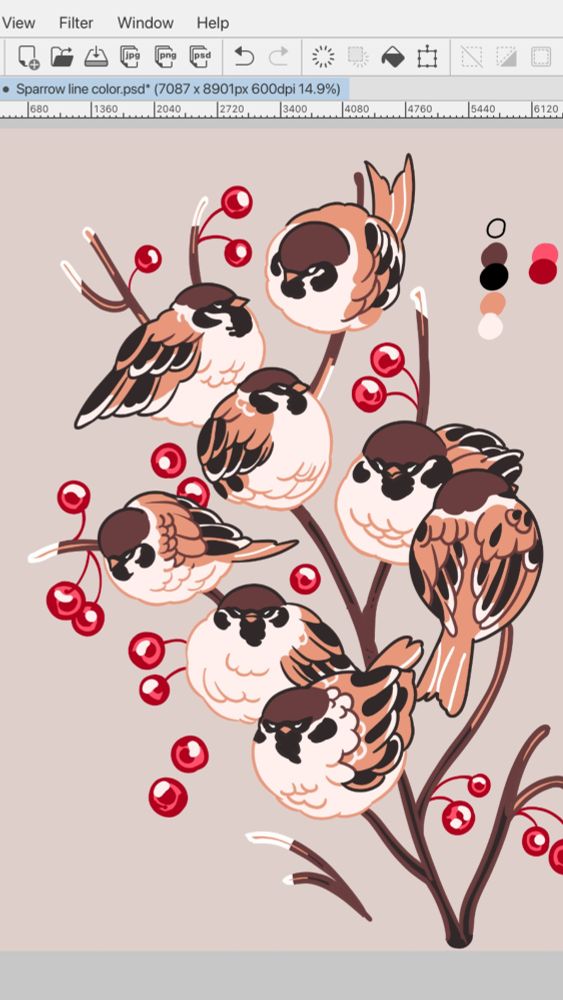 An artwork of a flock of sparrows on berry branches