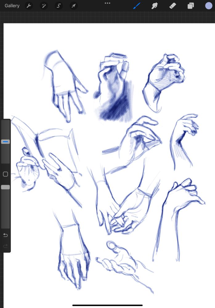 Procreate sketches of hands, based on various classical paintings. 