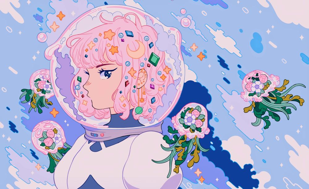 A girl with short pink bejeweled hair. She wears an astronaut costume. Her helmet is filled with puffs of lilac smoke. Around her, floral jellyfishes are floating and pastel clouds are swirling.