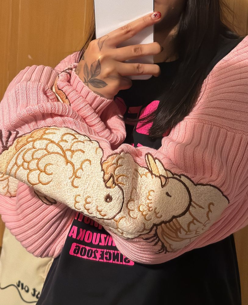Person wearing pink rib knit bolero with pigeon embroideries on the sleeves.