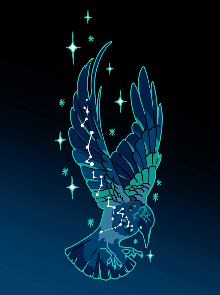Artwork of a raven with its wing spread out, rendered in shades of blue and green. Stars and constellations surround her. 