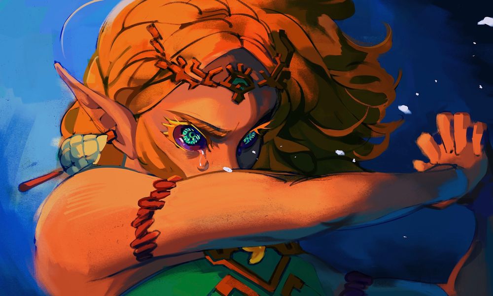 Digital painting of Princess Zelda from The Legend of Zelda: Tears of a Kingdom, inspired by the painting The Fallen Angel by Alexandre Cabanel.