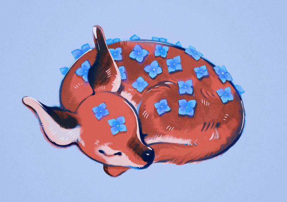 Digital painting of a fawn with blue hydrangea flowers as its spots, on solid pastel blue background. 