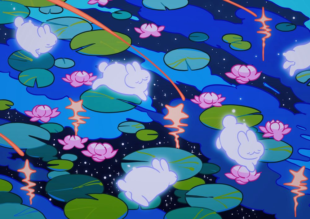 An artwork of a pond filled with water lilies with the night sky reflected on the water. Glowing bunnies are leaping across the pond, racing with shooting stars. 