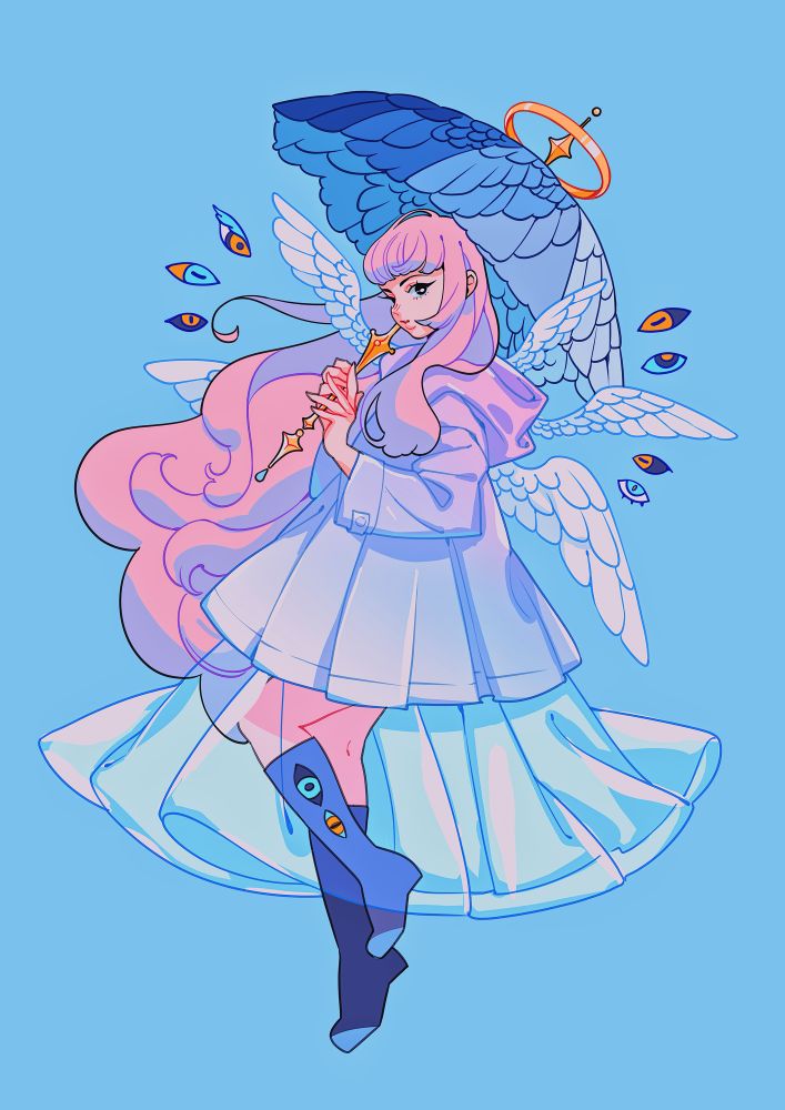Artwork of a girl with long pink hair and angel wings wearing pink and blue hooded coat and transparent blue skirt. She’s holding an umbrella with angel wings pattern and a halo on top. Multiple eyes form a circle around her.