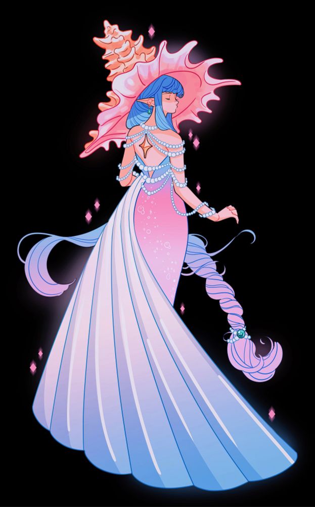 Artwork of an elf with blue plaited hair wearing a witch hat shaped like a seashell. Her dress is decorated with pearl chains and has a tail shaped like a shell.
