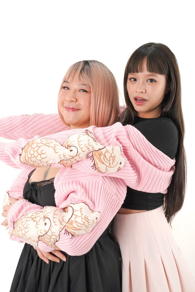Two models wearing pastel pink rib knit bolero with pigeon embroideries on the sleeves. 