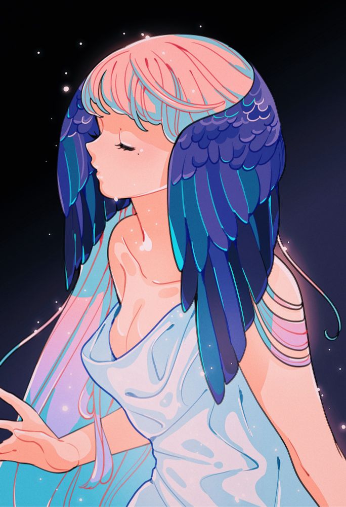 An artwork of a woman with long pink hair and white dress, with dark raven wings encircling her head like a veil.