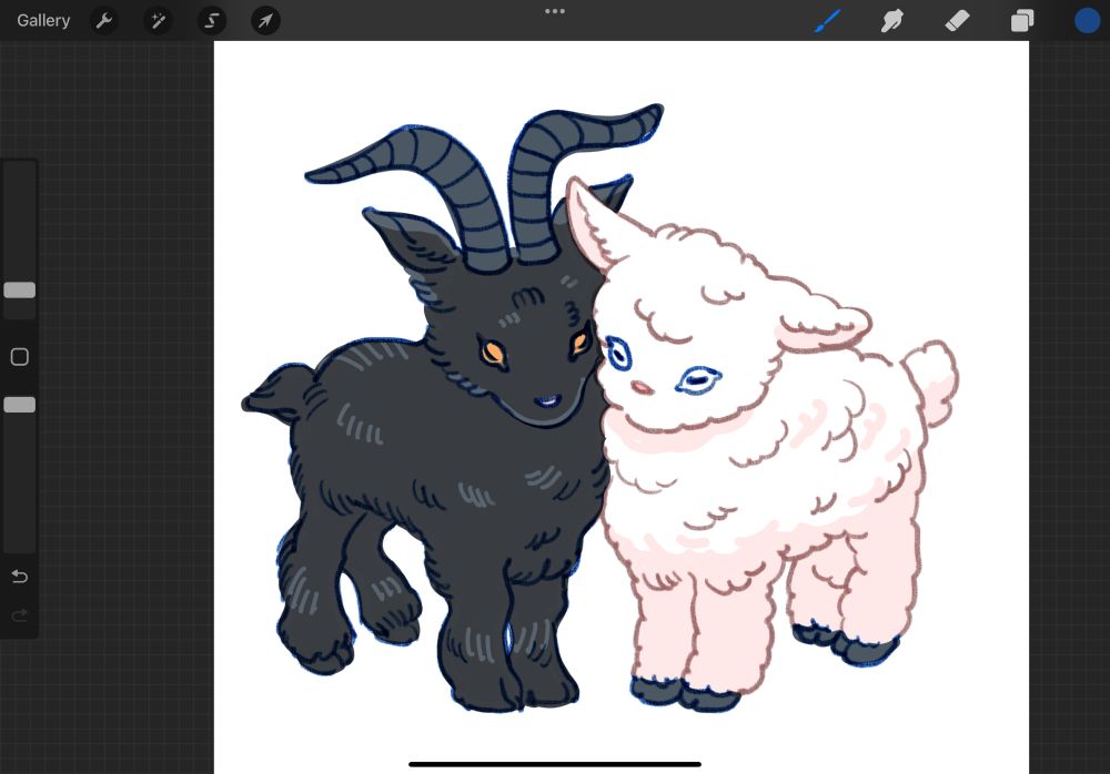 Procreate sketch of a black baby goat and a white lamb. Their cheeks are pressed together. 