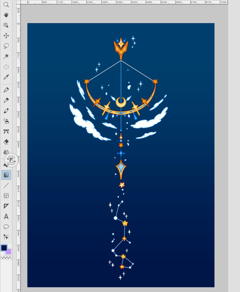 Clip Studio Paint canvas with an artwork of a moon and stars themed bow and arrow on dark blue background. 