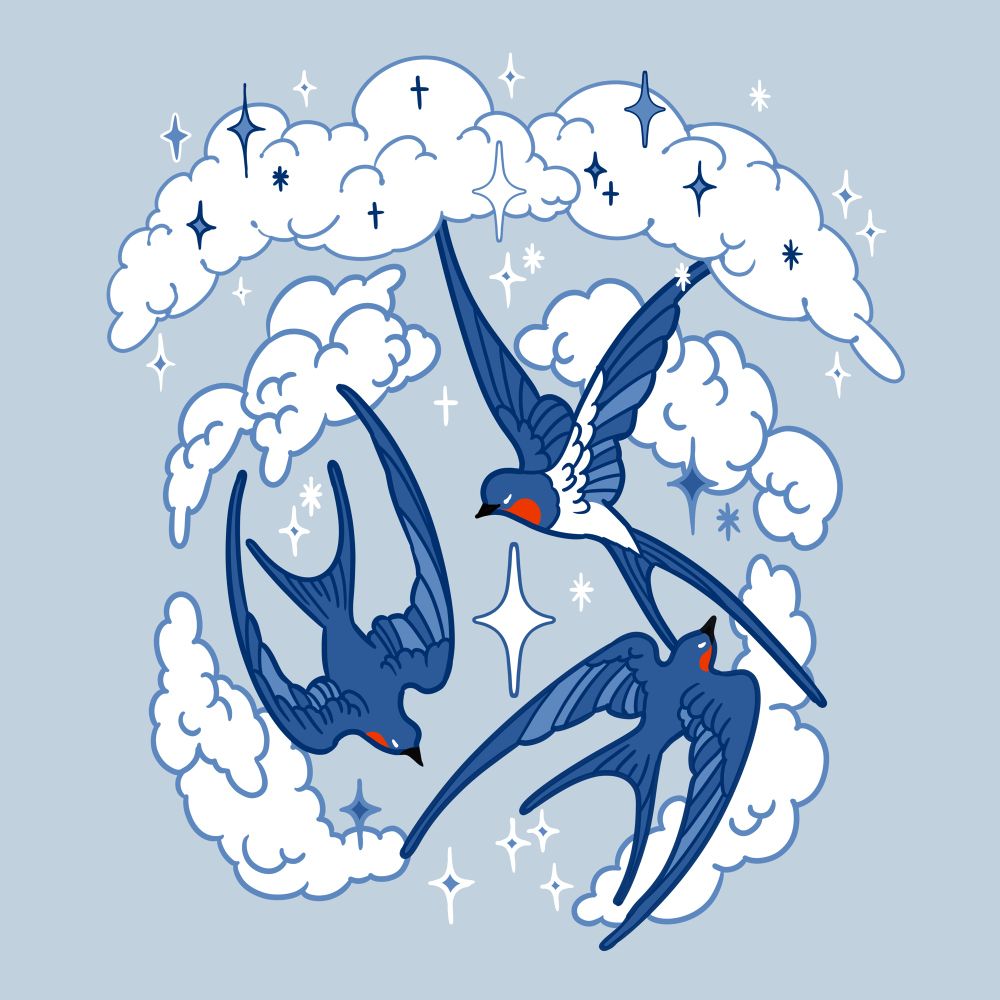 Artwork of three swallows flying in a circle, surrounded by stars and fluffy white clouds. 
