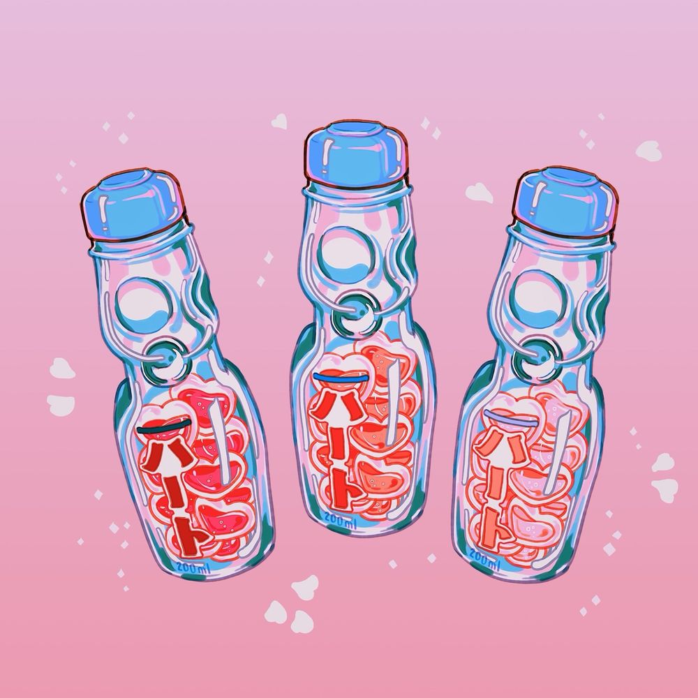 An artwork of three ramune soda bottles, filled with tiny crystal hearts. 