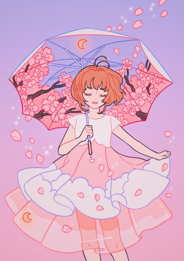 A fan art of Sakura from Card Captor Sakura. She is wearing a white and pink dress with cloud patterns and transparent layered skirt. She’s holding an umbrella with sakura flowers and glowing moon on it. Sakura petals swirl around her.