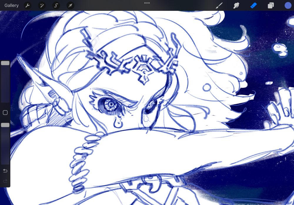 Procreate sketch of Zelda from Tears of the Kingdom game, based on the painting The Fallen Angel by Alexandre Cabanel. 