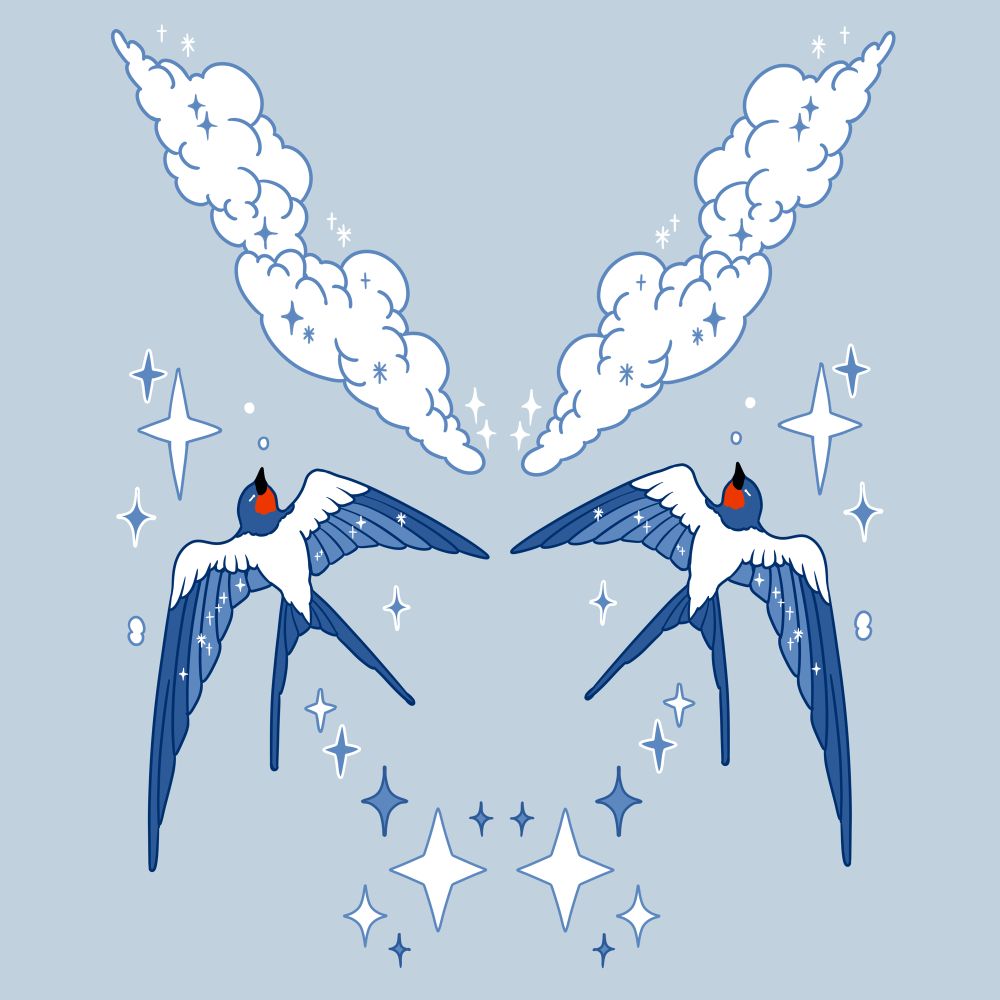 Artwork of two flying swallows, with fluffy clouds and stars around them. 