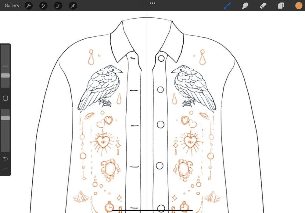 Procreate sketch of a jacket with corvus and various jewelries embroideries. 