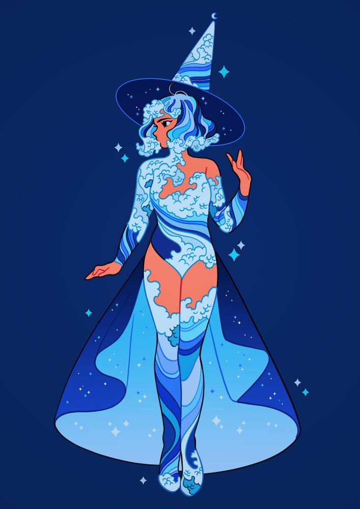 an artwork of a woman wearing a witch hat and bodysuit with ocean wave pattern. Her bodysuit has a long tail with sparkles. She also wears thigh high boots with wave patterns.