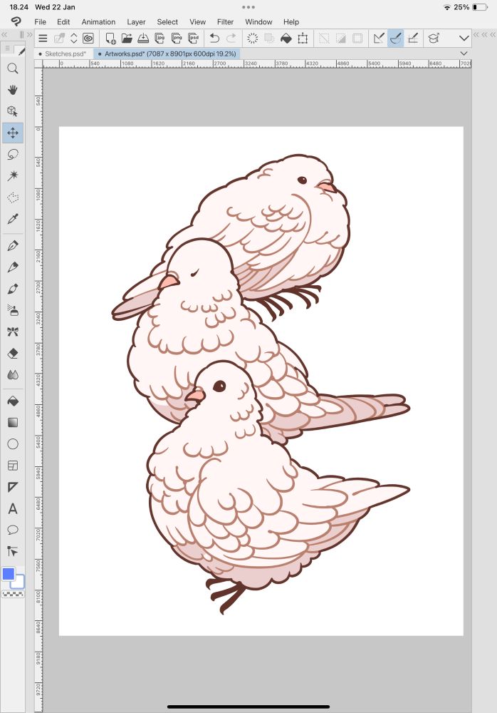 Artwork of three white pigeons.