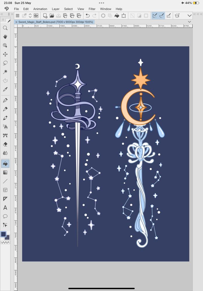 Screenshot of a Clip Studio Paint canvas with artwork of a star themed rapier sword and a moon themed magic staff surrounded by stars and constellations. 