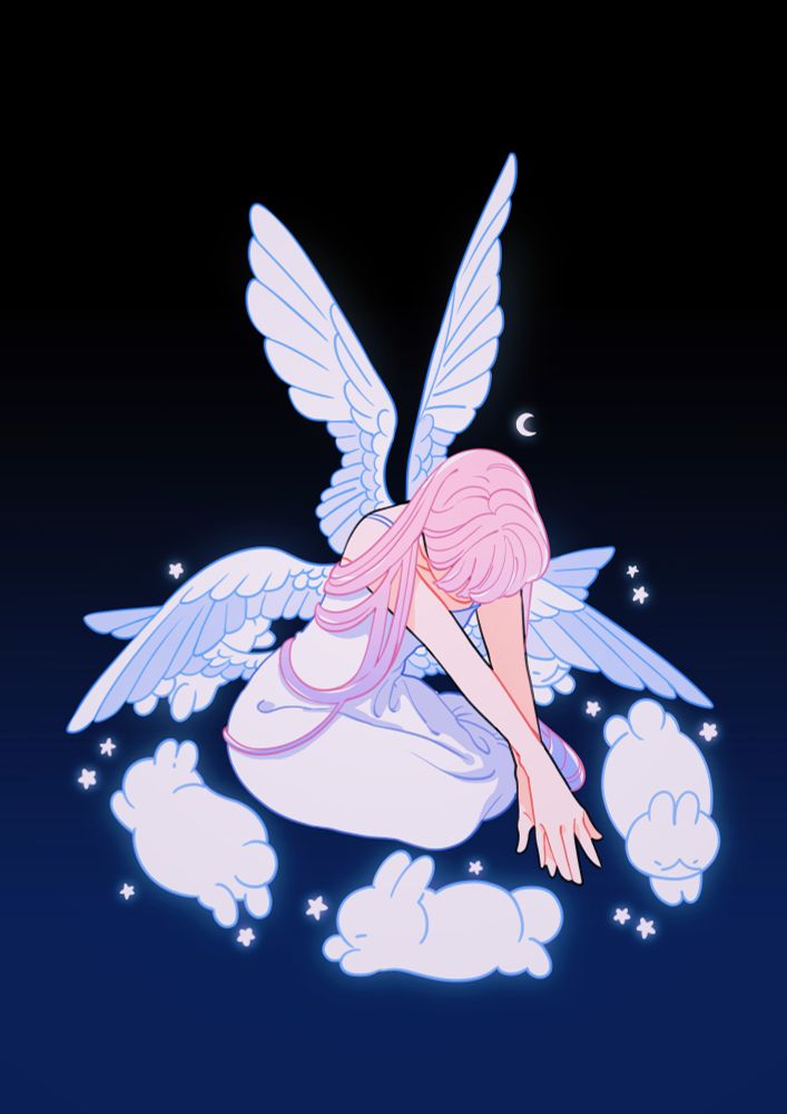Artwork of a girl with long pink hair and angel wings kneeling down. White glowing bunnies are jumping around her in a circle.