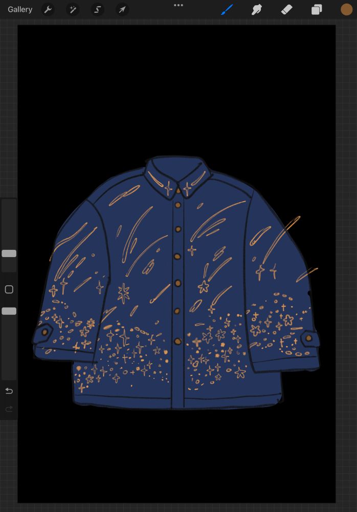 Procreate sketch of a navy blue collar jacket with golden stars. 