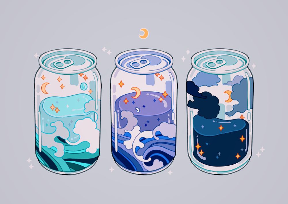 Artwork of three transparent drink cans, each containing sloshing tiny oceans and skies. Each are colored in different shades of blues and purples. 