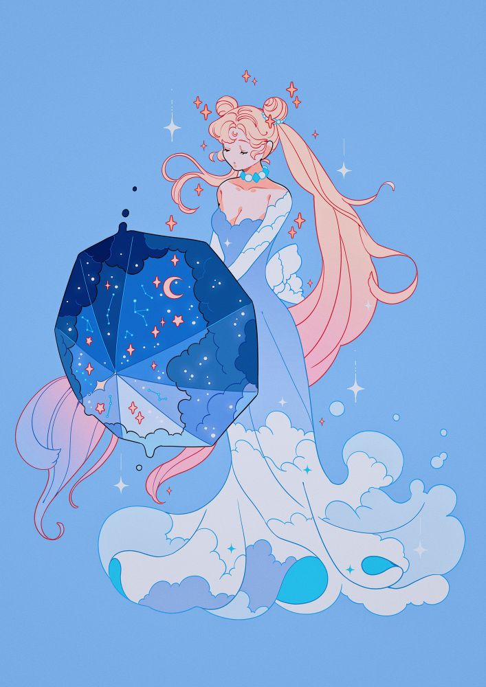Fanart of Usagi from Sailor Moon wearing a long gown with fluffy clouds at the bottom hem. She’s holding an umbrella with night sky pattern on it. 