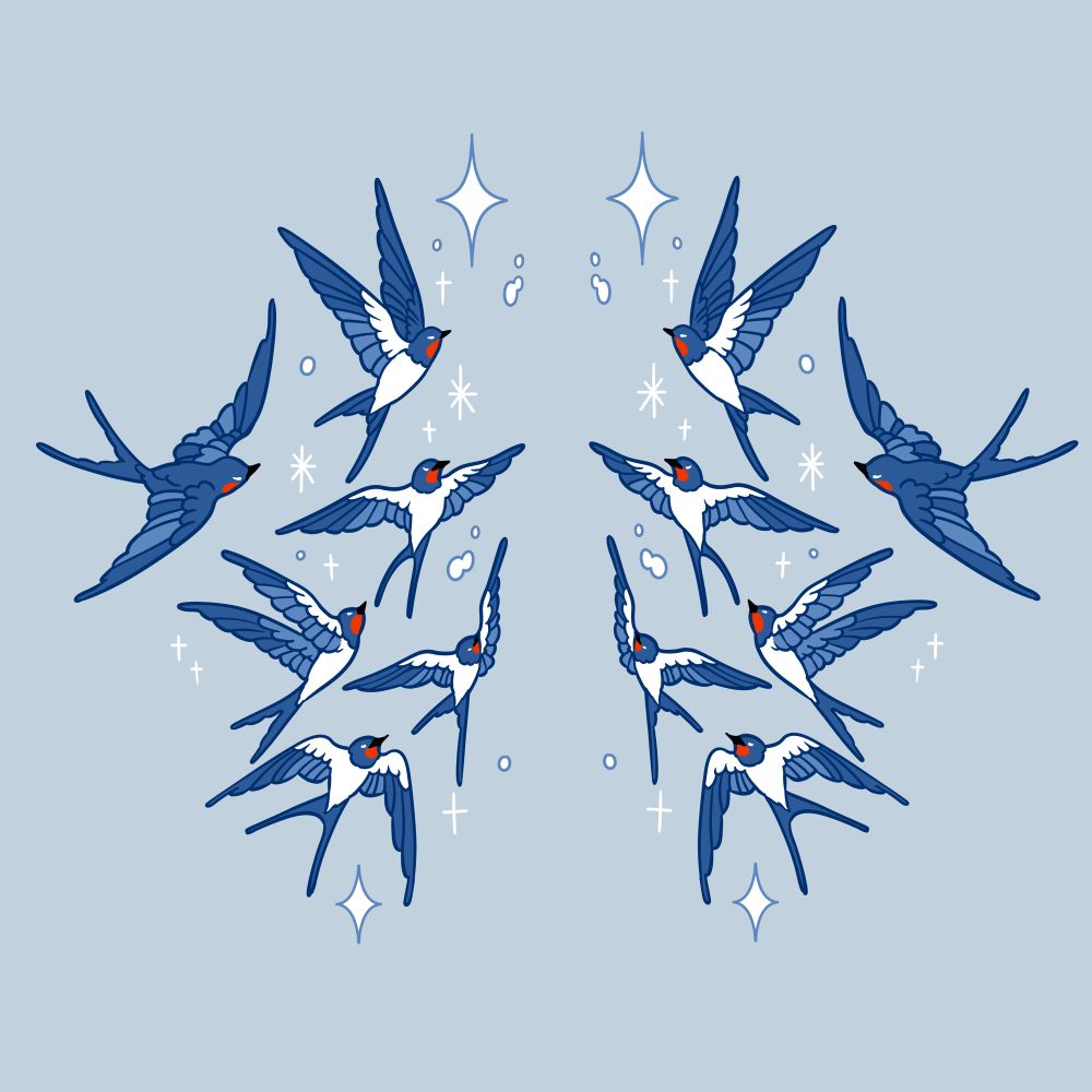 Artwork of a flying swallows surrounded by stars and sparkles. 