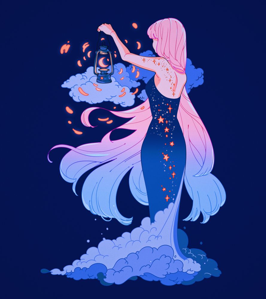 Artwork of a girl with long pink hair holding a lantern with a glowing moon inside. She wears a long dress made of the night sky, stars and clouds. 