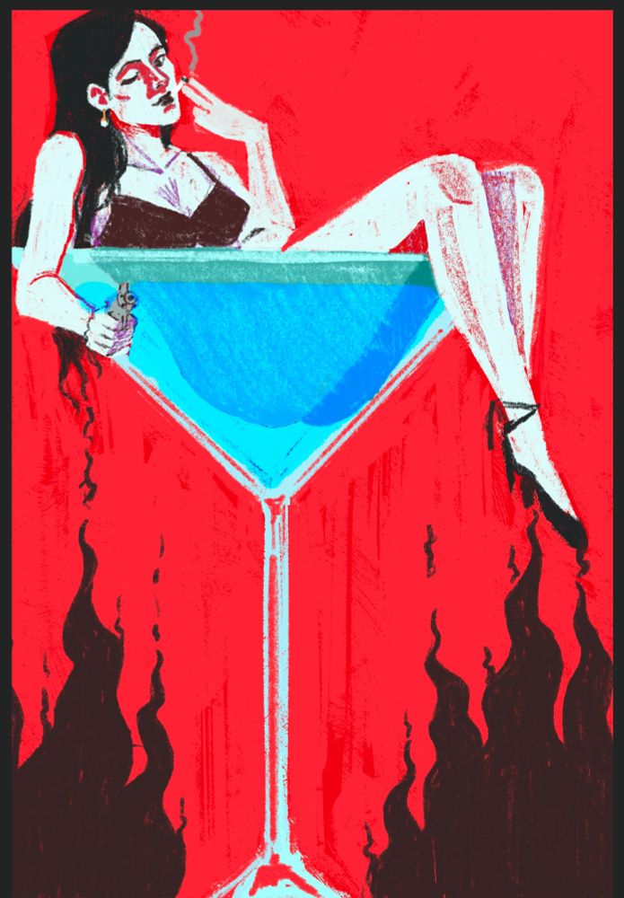 an illustration of a woman with black hair in a martini glass. Her legs are hanging off the rim and shes smoking a cigarette and pointing a gun. She's set against a red background with black flames on the bottom that reach up and flicker into her hair and heels.
