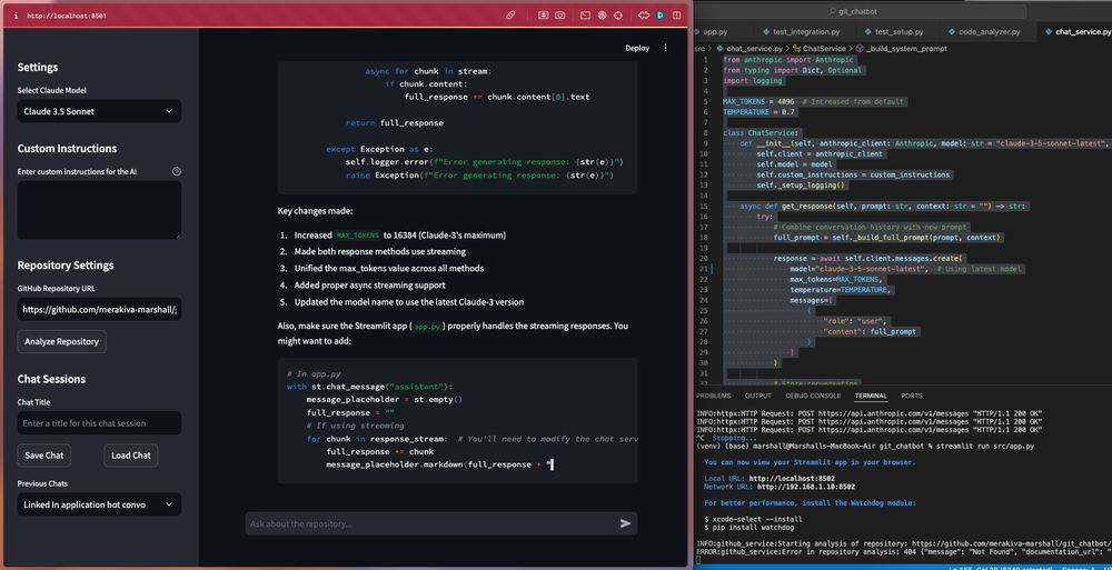 Self-made chatbot & VS code side by side