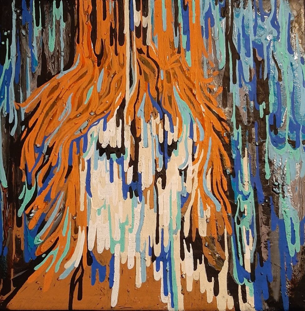 A blue, black and orange acrylic painting of a figure melting into nothing.