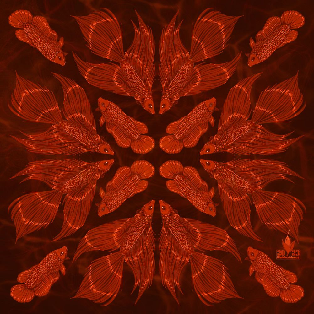 A radial design of red betta fish, both of the male and female variety.