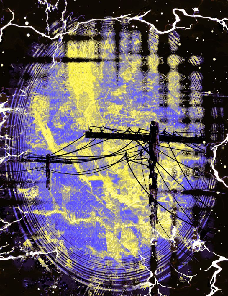 A black, yellow, and blue image of an upright electrical pole connecting to a broken electrical pole. The tension is keeping the broken one in place.