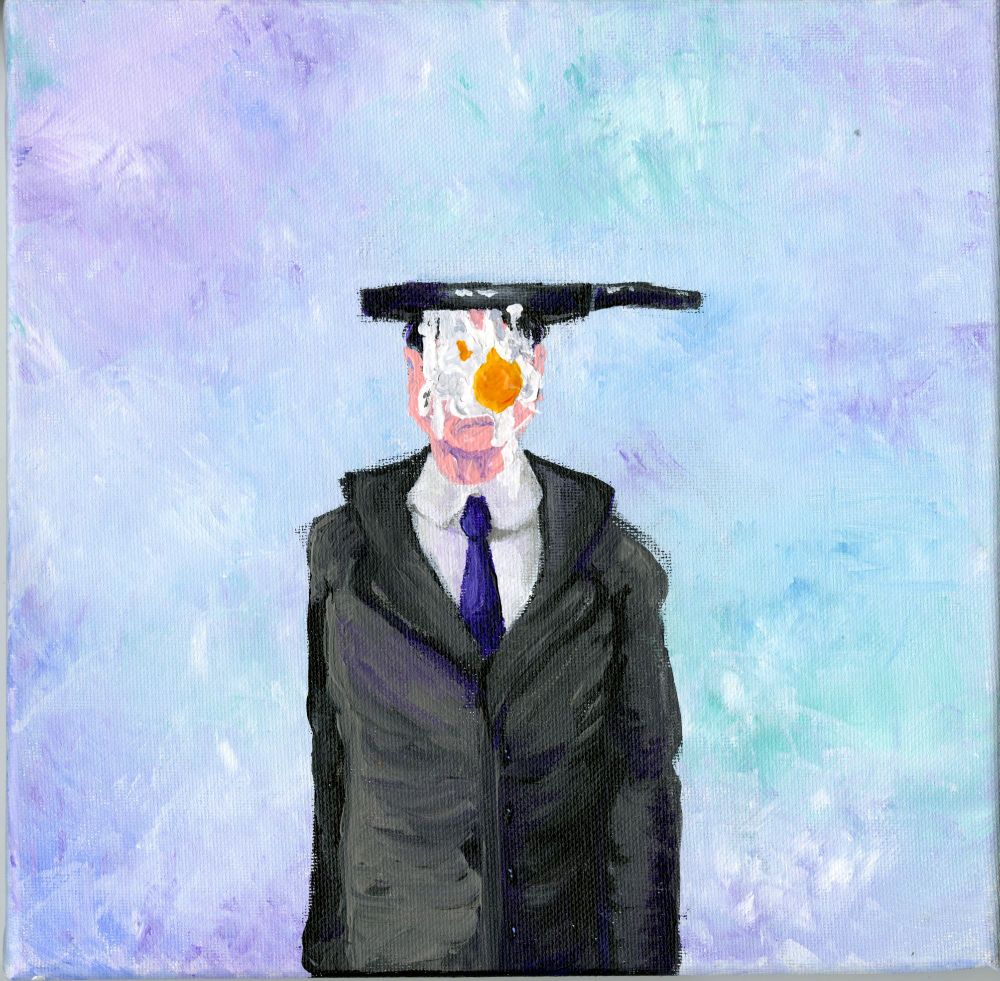 An acrylic painting of a recreation of Rene Magritte's 'The Son of Man' but the hat is a pan and the apple is a fried egg.