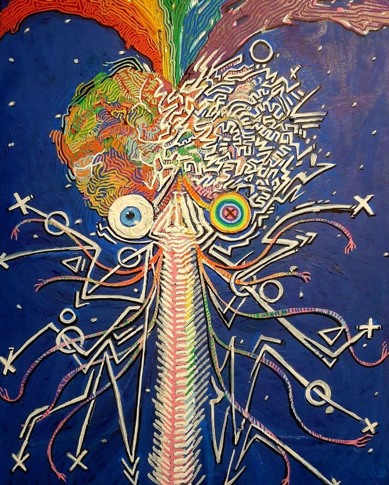 An acrylic painting of a brain, its left side is full of colours, and its right side is full of geometric shapes.