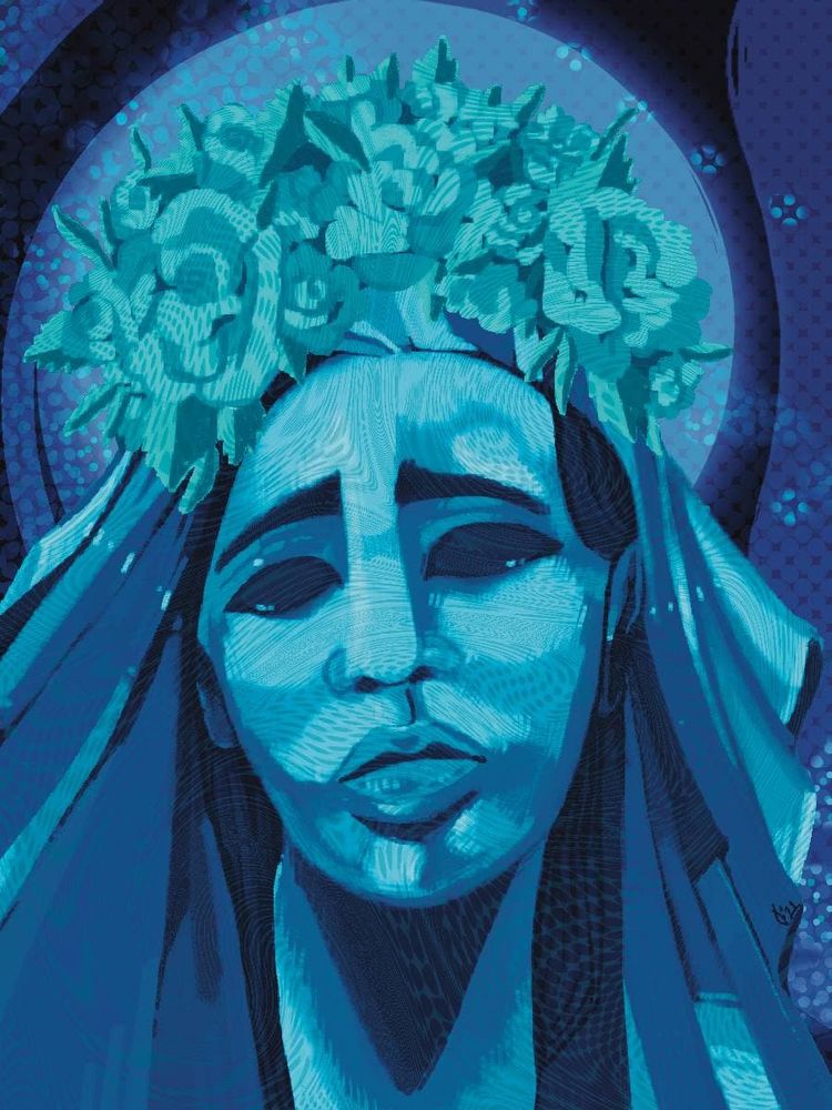 A digital illustration of a blue woman in a flower crown.