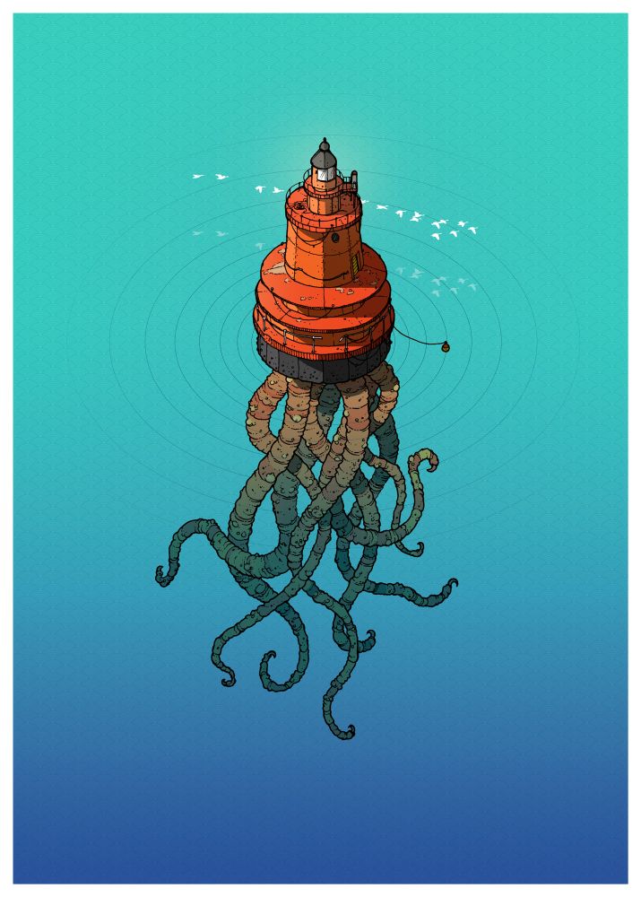 Elk Island Light. An illustration of an orange lighthouse floating in the ocean with tentacles beneath.