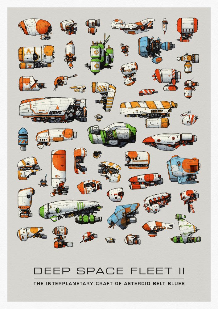 Deep Space Fleet 2 poster. Colourful illustrations of dozens of spaceships.