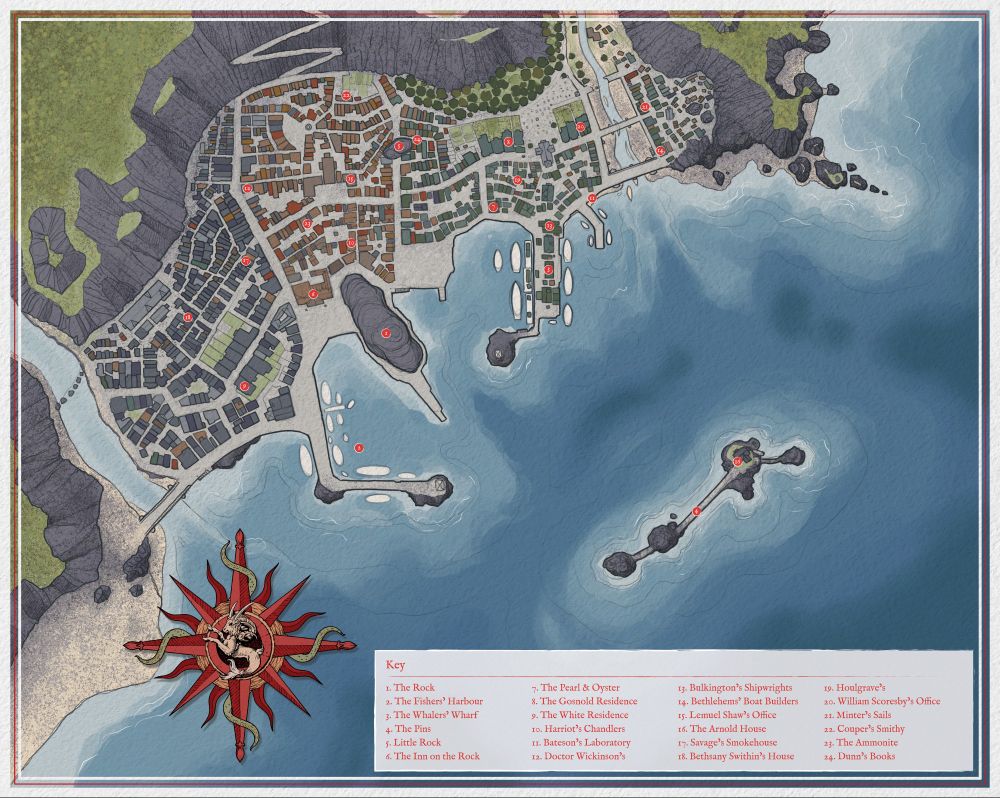 An illustrated map, with key, of Innsmouth - the Massachusetts harbour town that features in my Lovecraftian horror story.