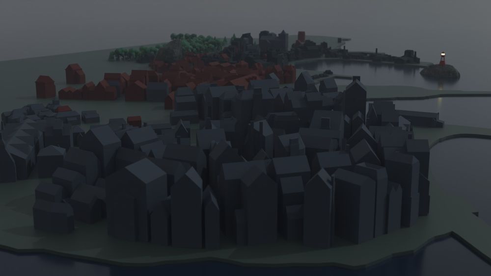 A 3D render (work in progress) of Innsmouth - the Massachusetts harbour town that features in my Lovecraftian horror story.
