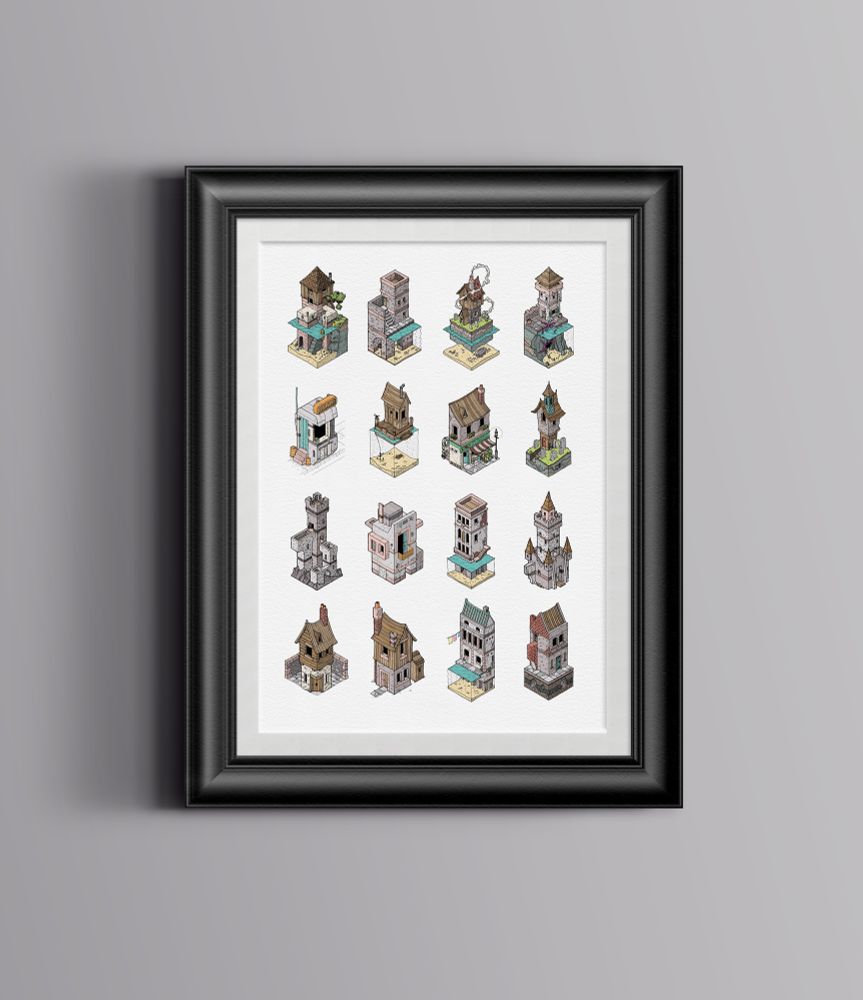 An illustration of 16 little isometric buildings, ranging from a Venetian palazzo to a sci-fi noodle bar.