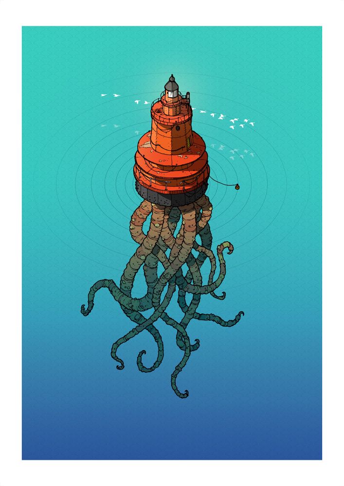 Elk Island Light illustration. An orange lighthouse floats on a deep ocean, from underneath, tentacles emerge.