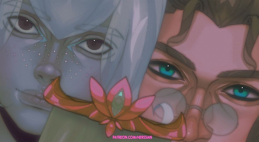 Illustration crop-up of two TTRPG character portraits and magical crown with a veil beneath glowing between them.