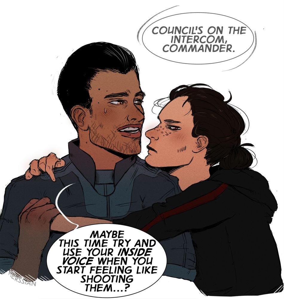 Comic panel featuring Kaidan Alenko and Lana Shepard hugging. She's got her her head on his shoulder and looks grumpy. The dialogue reads:
[far off voice]: Council's on the intercom, Commander.
Kaidan: Maybe this time try and use your INSIDE VOICE when you start feeling like shooting them...?