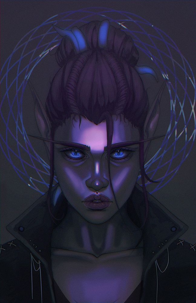 Portrait illustration of a void elf (World of Warcraft) looking straight ahead.