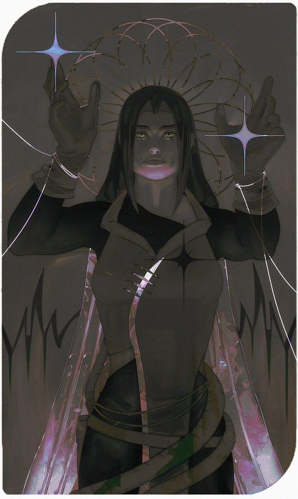 Tarot card illustration of a psyker (Warhammer 40k) having her hands aloft in front of her, thin glimmering lines constricting her gloved hands and keeping her chained. The same shimmering can be found in details all over her outfit, including her cloak.