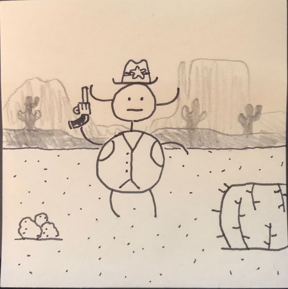 Dashing goblin in a star cowboy hat dispensing justice on the sands, west of loathing style.