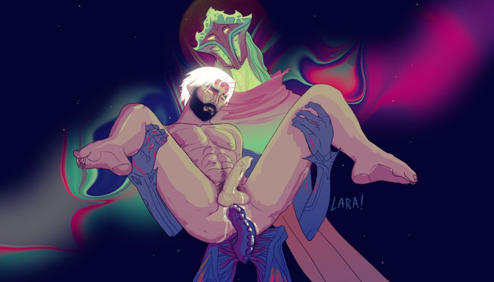A digital illustration of the characters Jayce and Viktor from the animated series Arcane. Viktor is in his Arcane Herald form and is holding Jayce up by both legs to penetrate him. Jayce is in his cosmic form (with the white hair and glowy beard) from the end of season 1. The colors are very bright including fuscia and chartreuse. Signature says "LARA!"