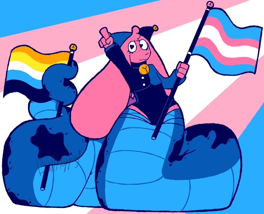 a digital illustration of my sona, Bhop; a rabbit with big floppy ears, a two tone jester hat, a matching two tone cropped jacket, and a leotard. In this image her legs have also been replaced with a massive snake tail, and she sports a palette taken from the pair of pride flags she's holding. In her left hand she holds a trans pride flag, and wrapped up in her tail is an aroace pride flag. the bg is also colored like the trans pride flag, too.